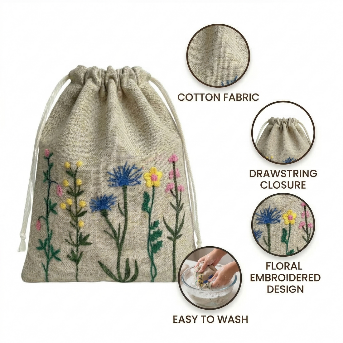 Floral Yellow Embroidered Drawstring Bag