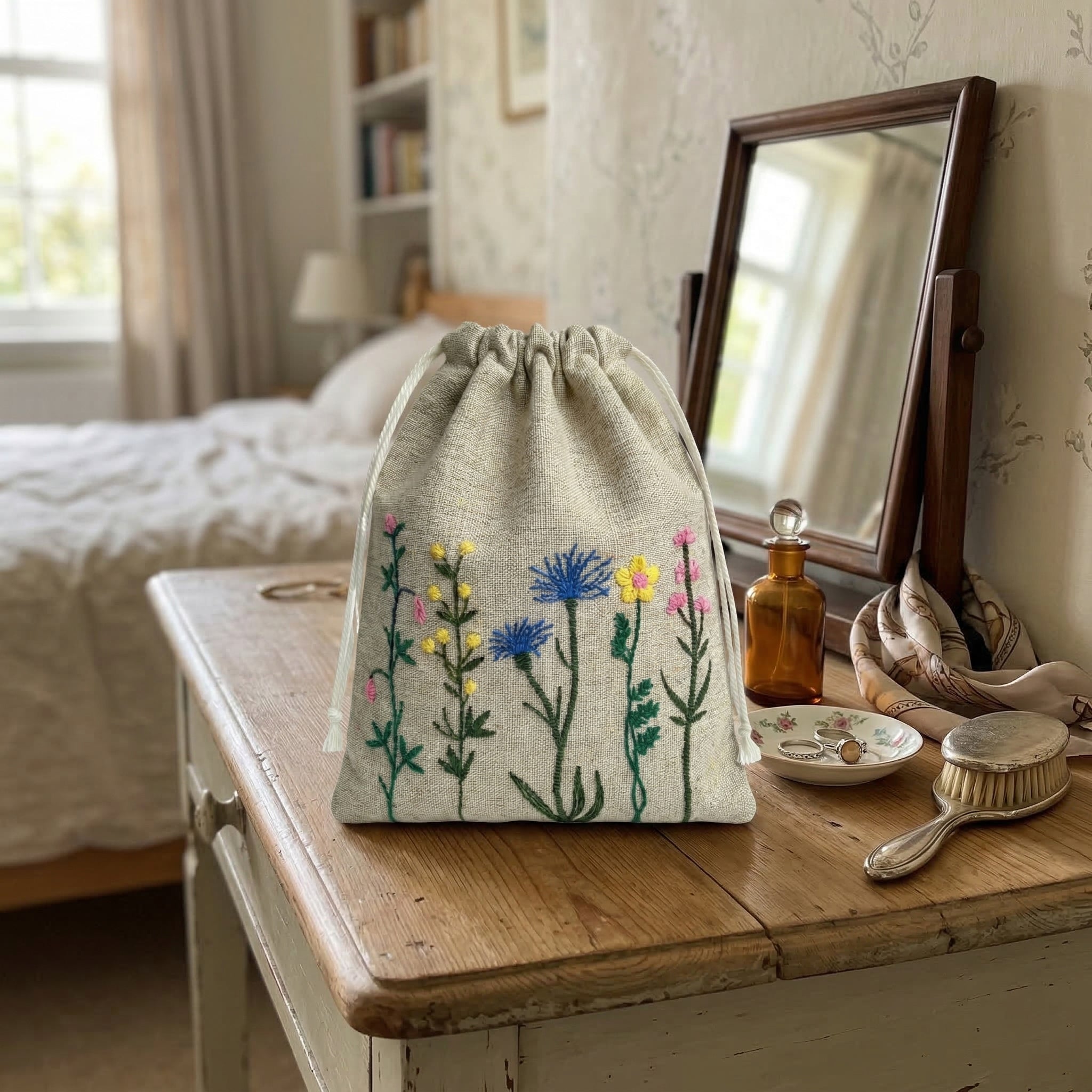 Floral Yellow Embroidered Drawstring Bag