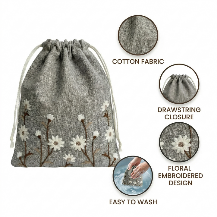 Floral Brown Embroidered Drawstring Bag