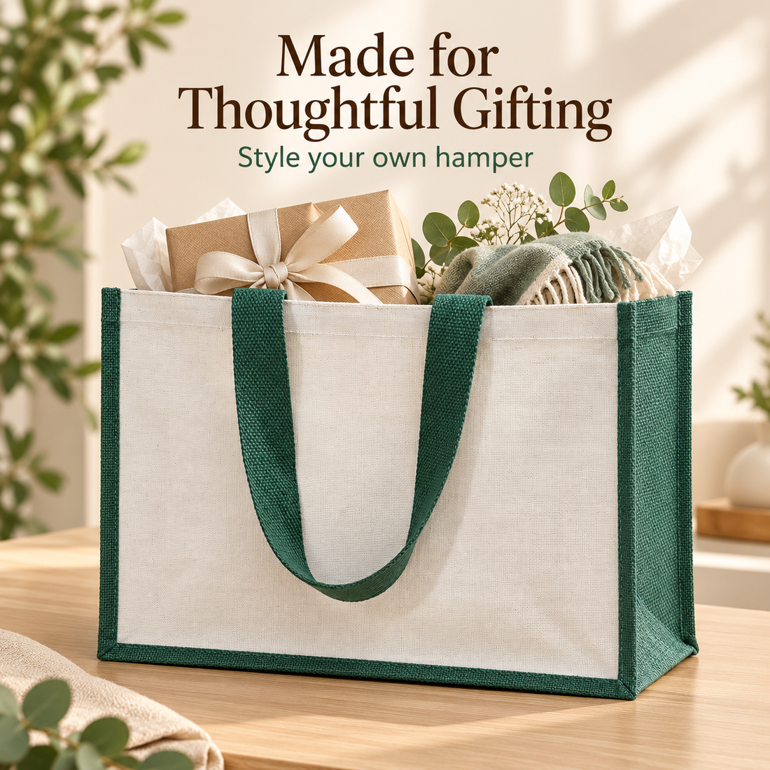 Plain 16x13x6 Green Laminated Jute & Canvas Hamper Bag