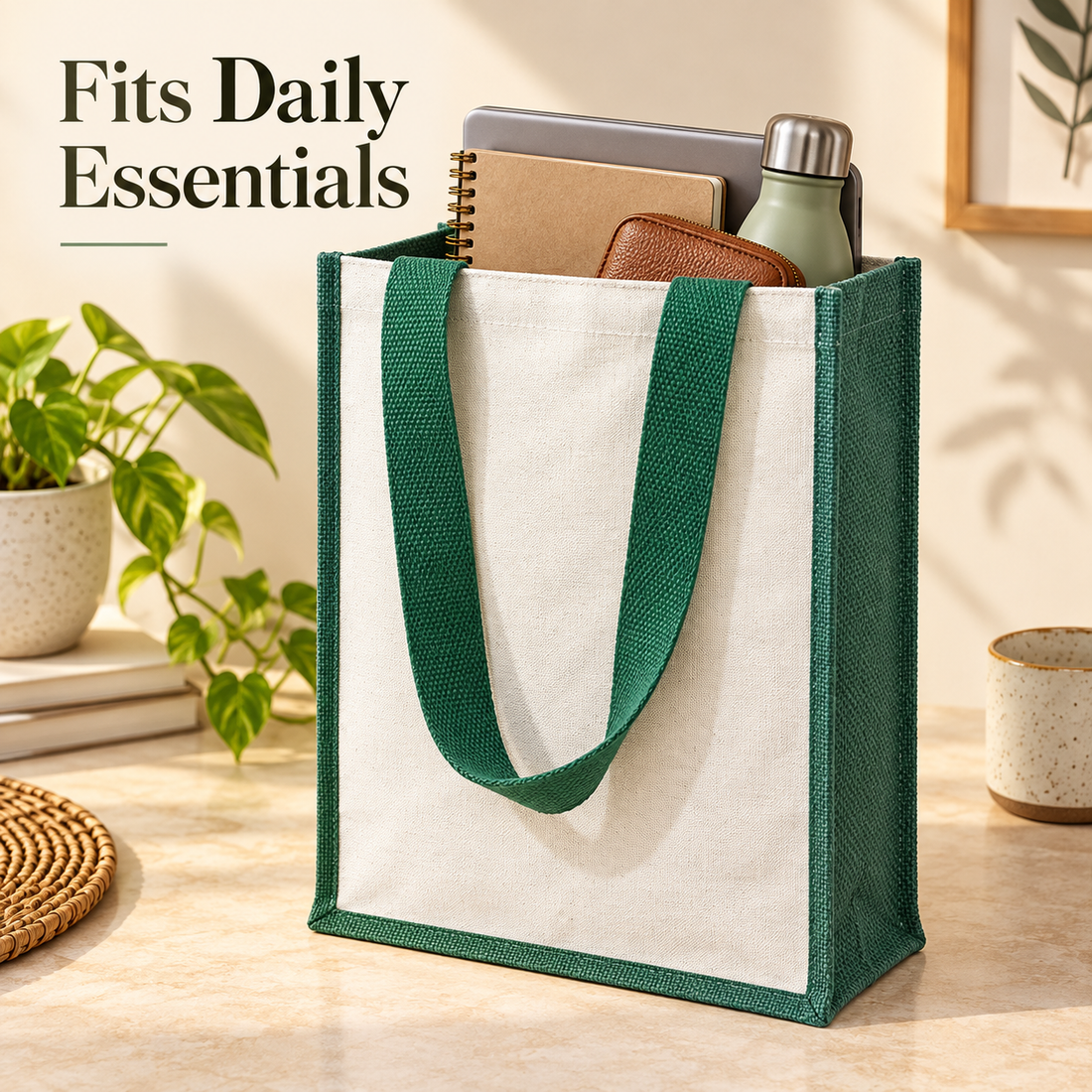 Plain 12x15.5x5.5 Green Laminated Jute & Canvas Tote Bag