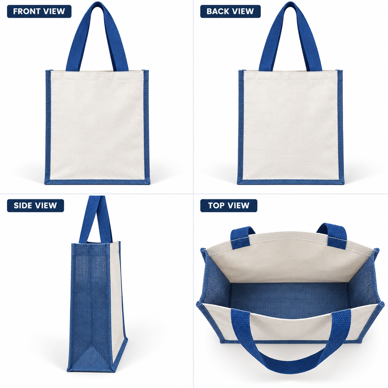 Plain 12x15.5x5.5 Blue Laminated Jute & Canvas Tote Bag