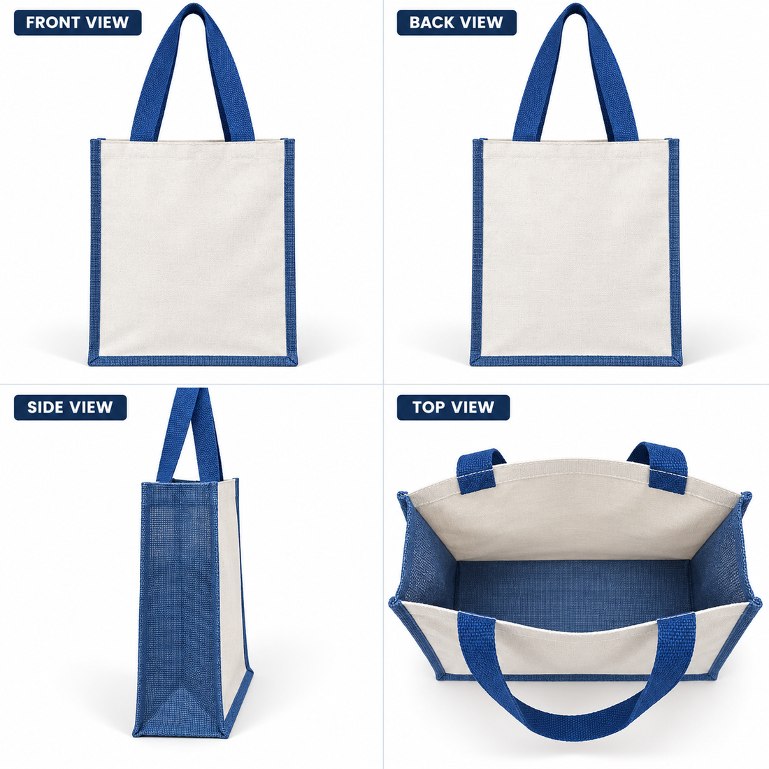 Plain 12x15.5x5.5 Blue Laminated Jute & Canvas Tote Bag