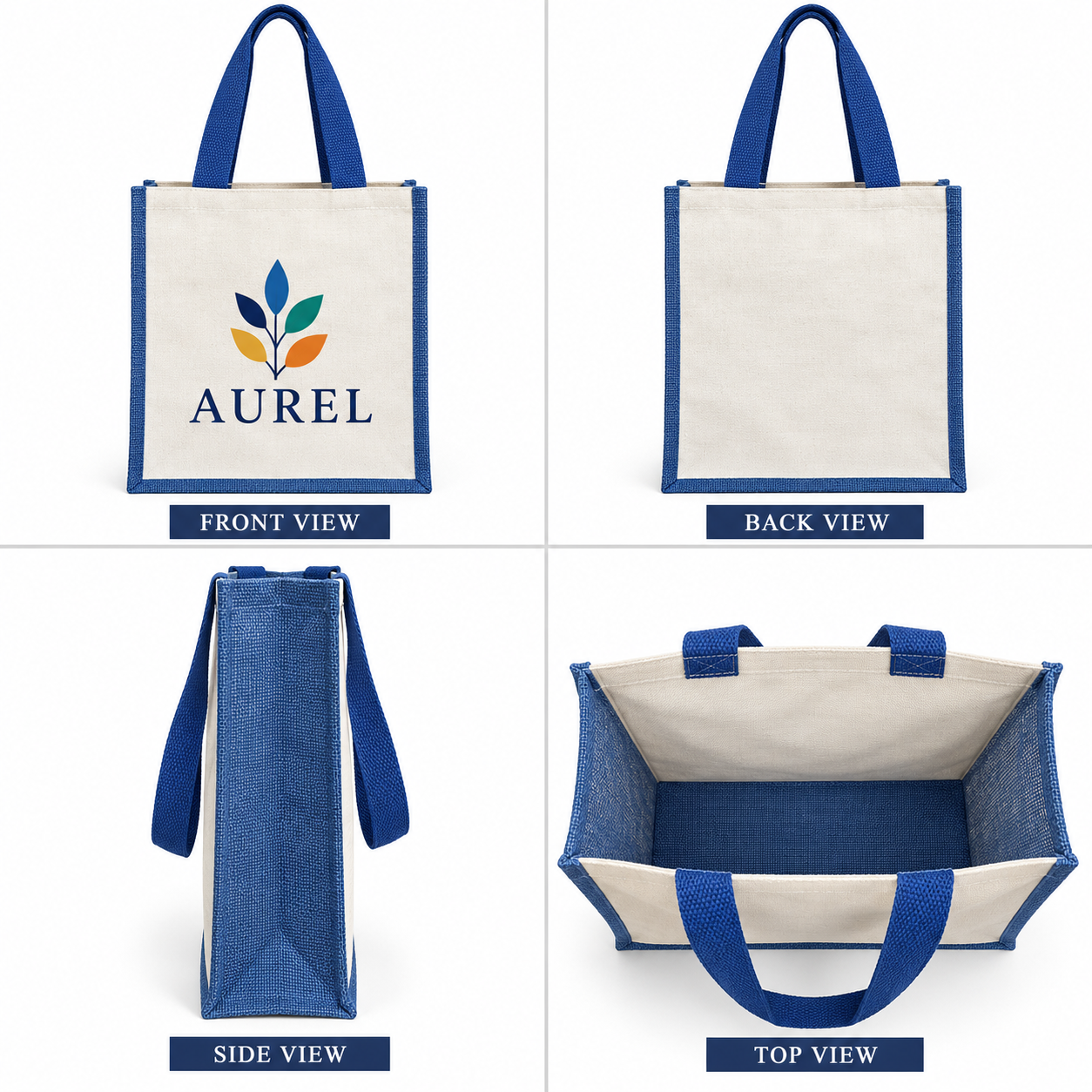 12x15.5x5.5 Blue Laminated Jute & Canvas Tote Bag