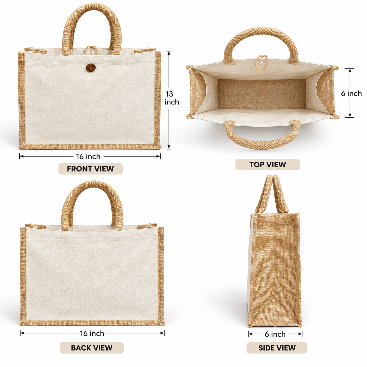 Plain 16x13x6 Natural Laminated Jute & Canvas Hamper Bag with Button Closure