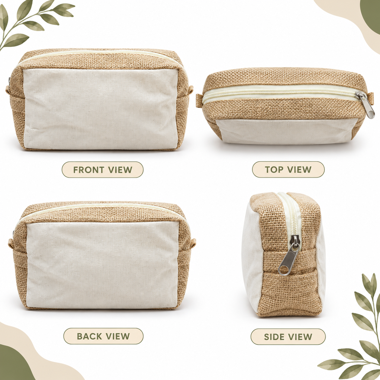 8x5x3 Plain Natural Jute & Canvas Boxy Zipper Pouch