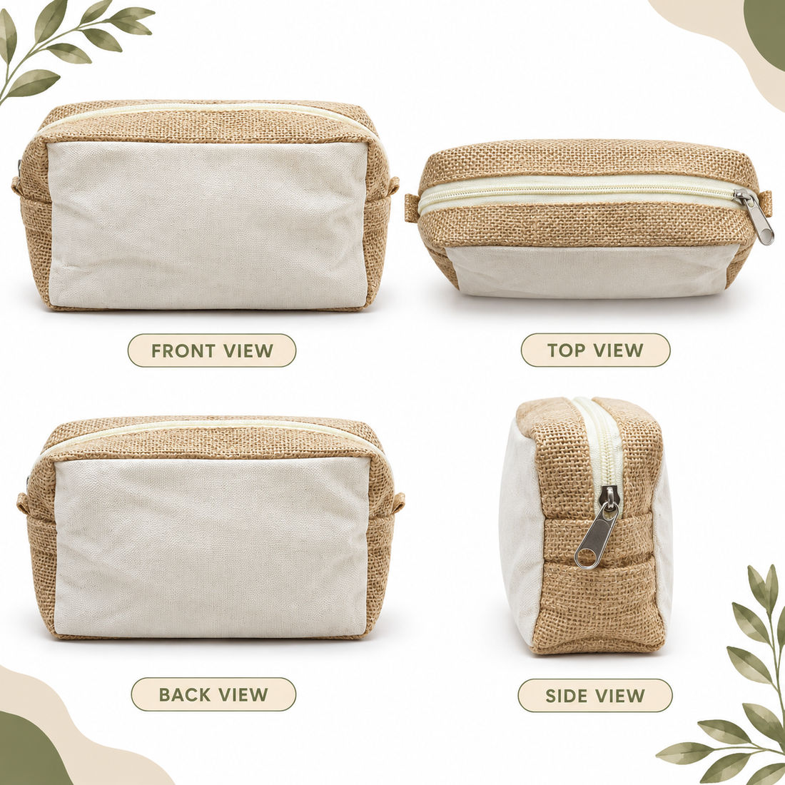 8x5x3 Plain Natural Jute & Canvas Boxy Zipper Pouch