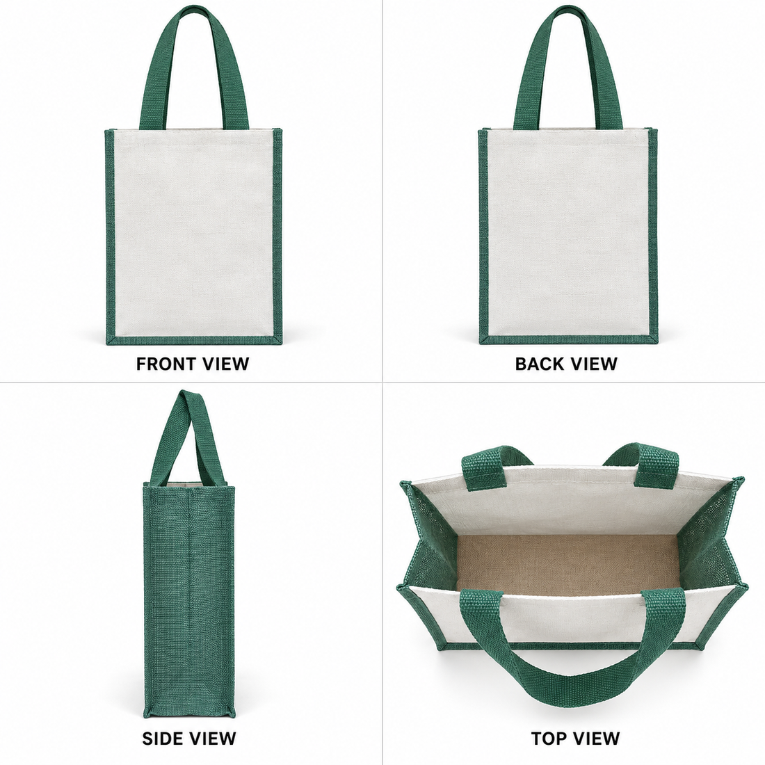 Plain 12x15.5x5.5 Green Laminated Jute & Canvas Tote Bag