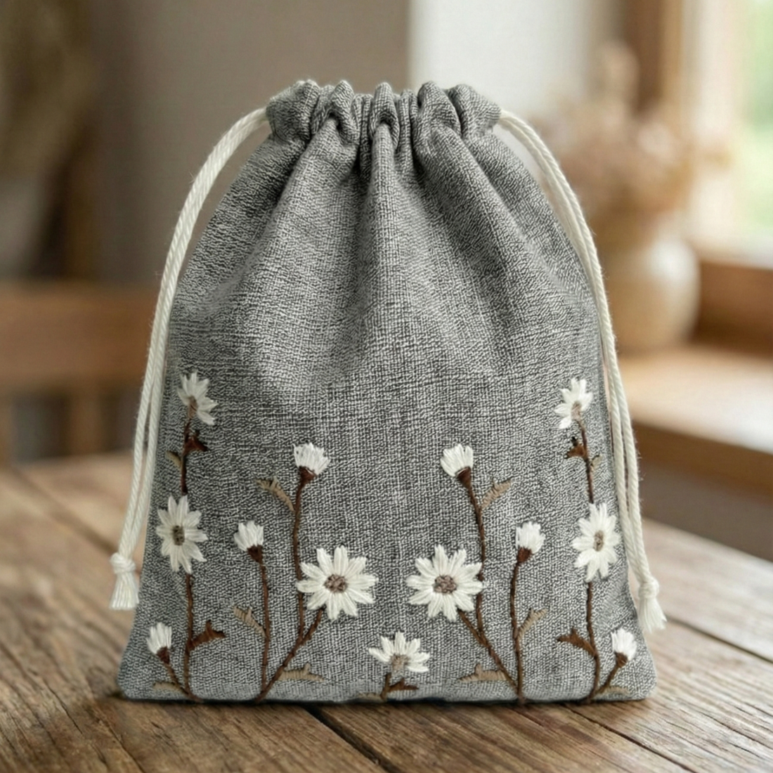 Floral Brown Embroidered Drawstring Bag