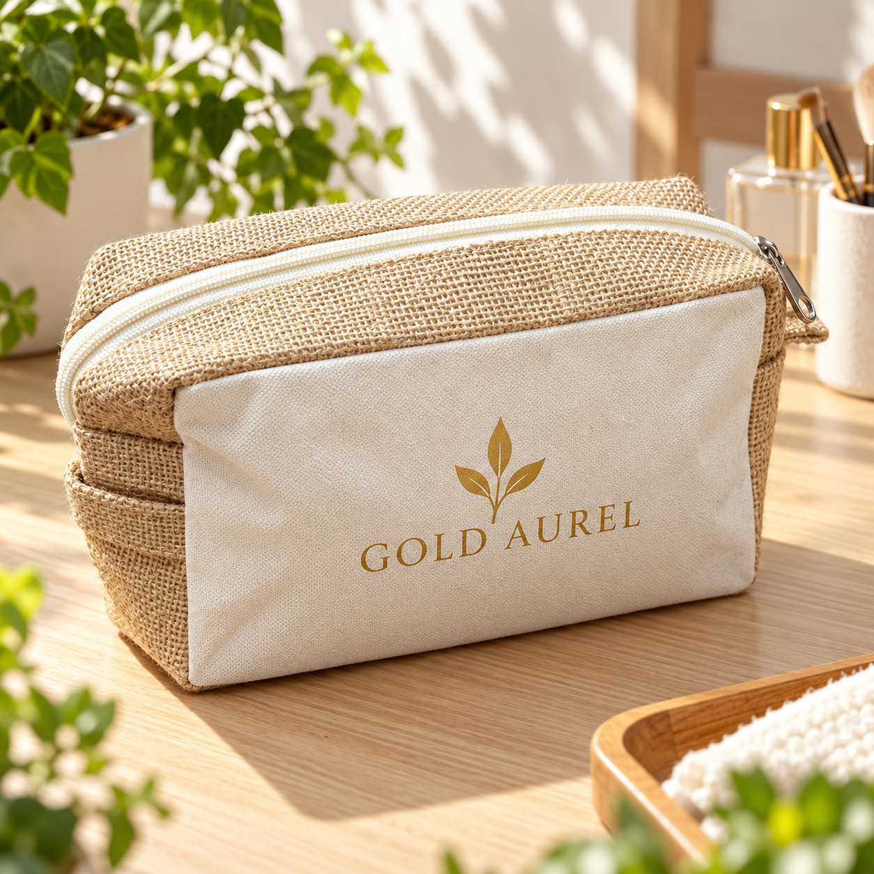 8x5x3 Natural Jute & Canvas Boxy Zipper Pouch