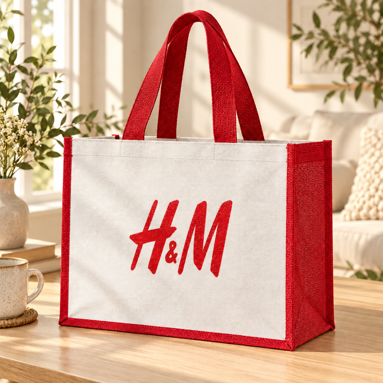 16x13x6 Red Laminated Jute & Canvas Hamper Bag