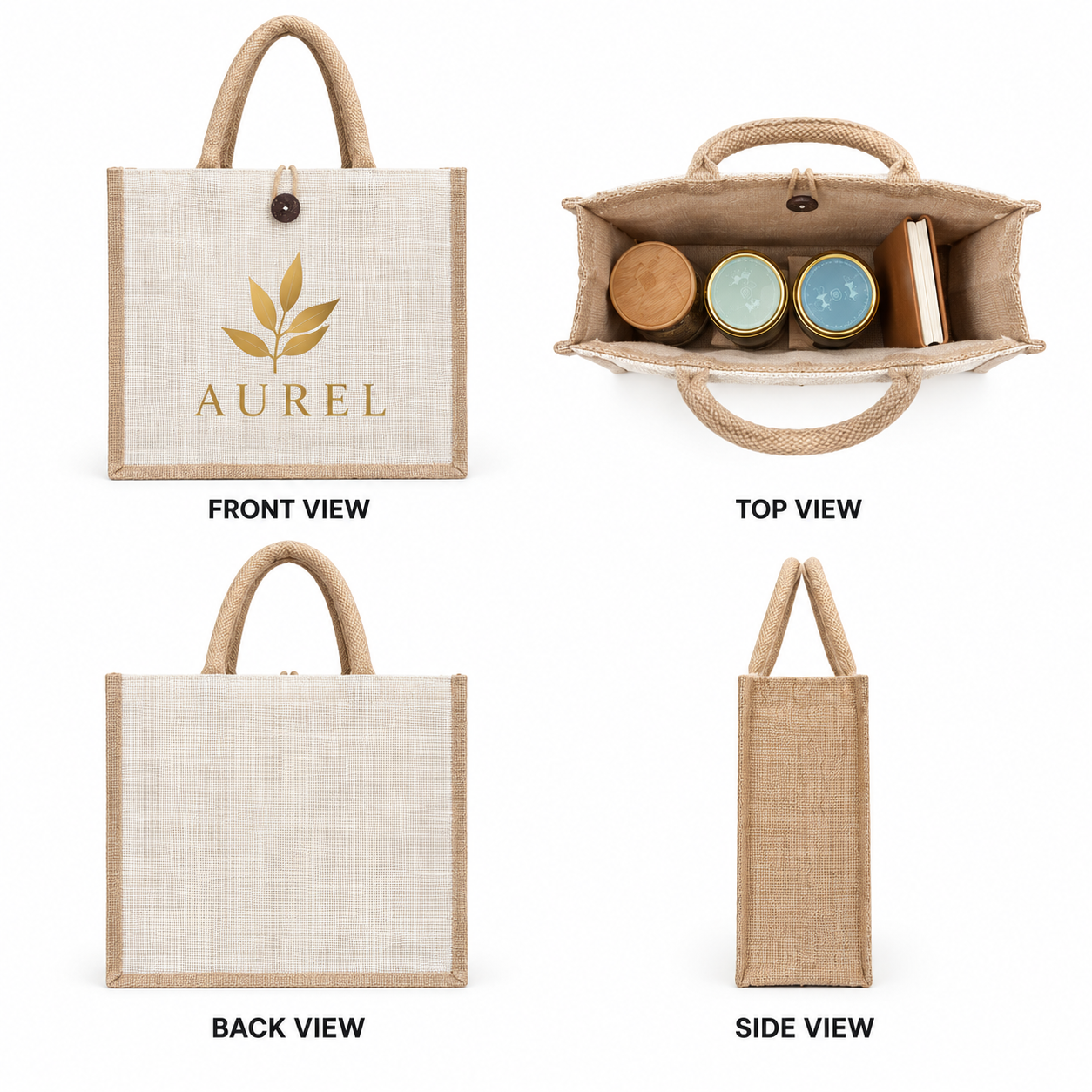 12x12x6 Natural Laminated Jute Gift Bag with Button Closure