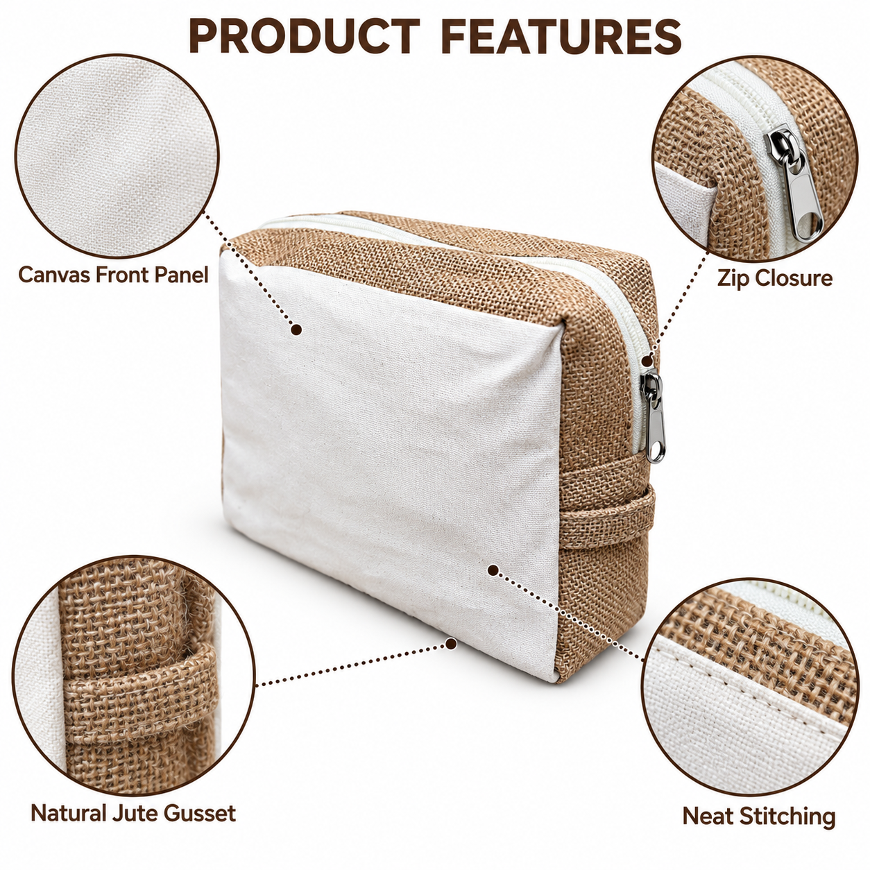 9x8x3 Plain Natural Jute & Canvas Boxy Zipper Pouch