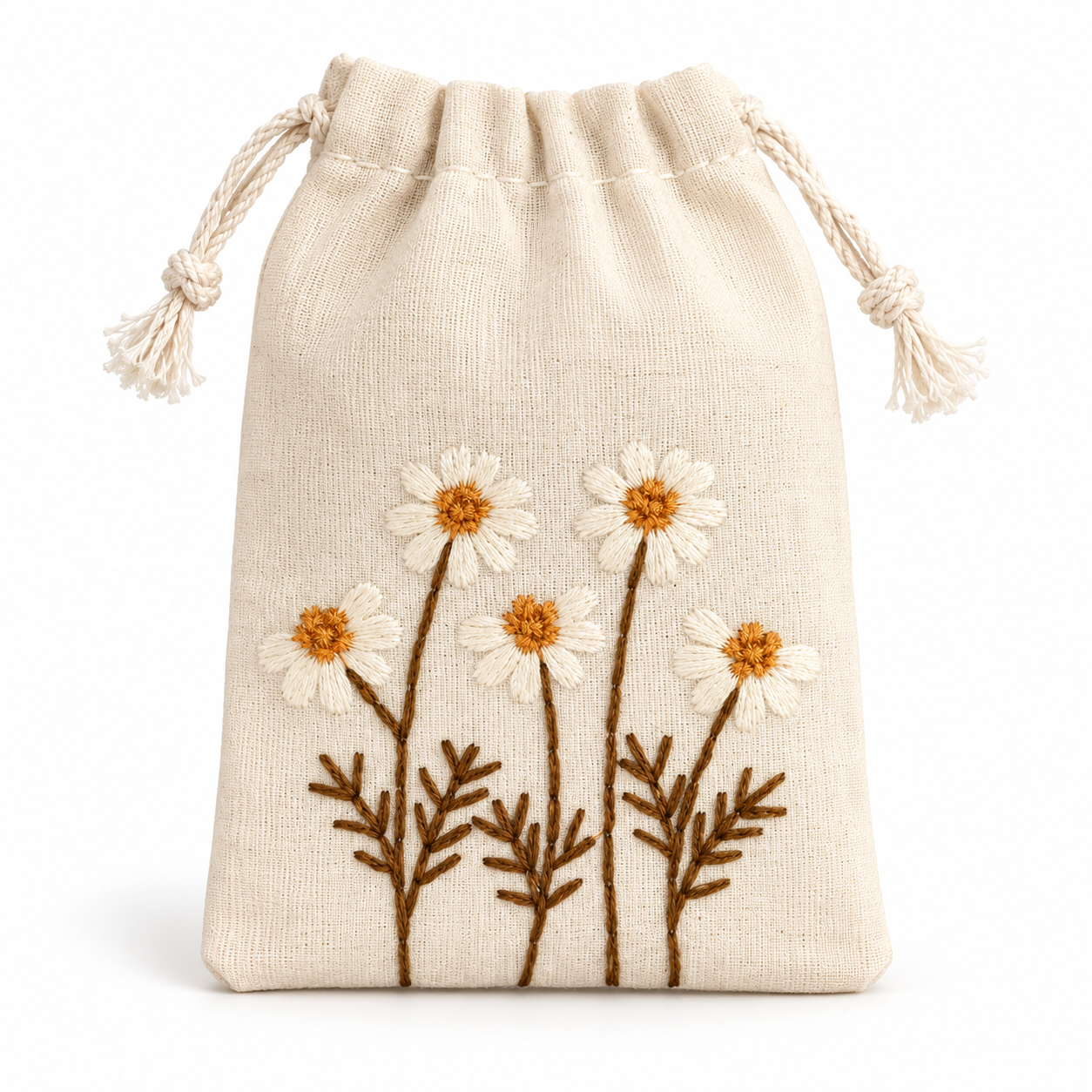 Daisy Delight Embroidered Cotton Drawstring Pouch