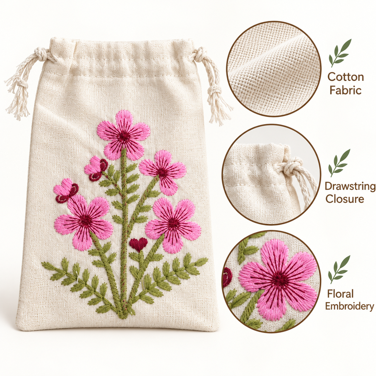 Pink Blossom Embroidered Cotton Drawstring Pouch