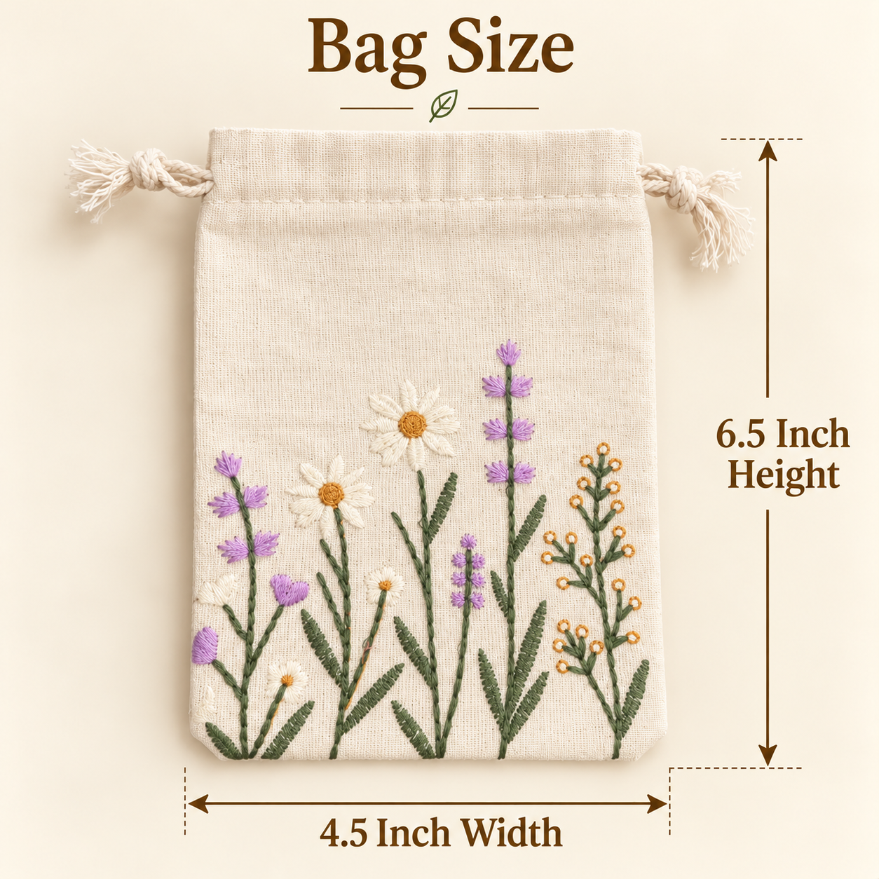 Lavender Meadow Embroidered Cotton Drawstring Pouch
