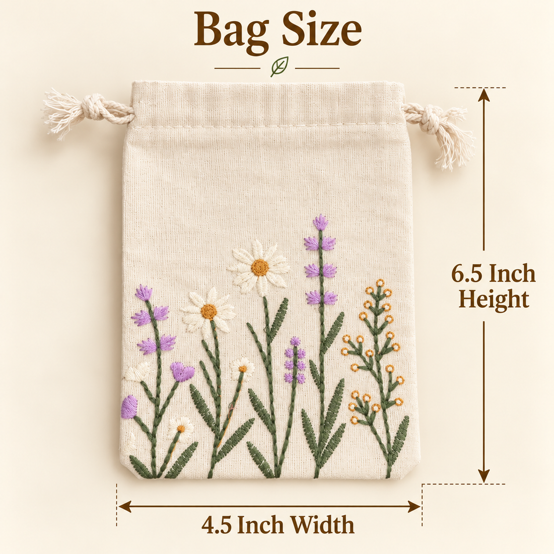 Lavender Meadow Embroidered Cotton Drawstring Pouch