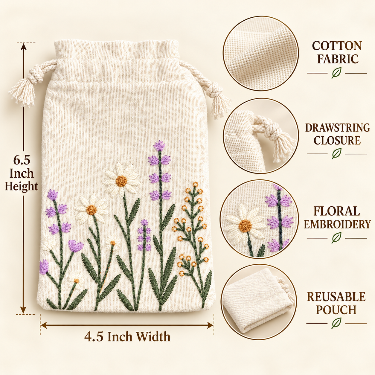 Lavender Meadow Embroidered Cotton Drawstring Pouch