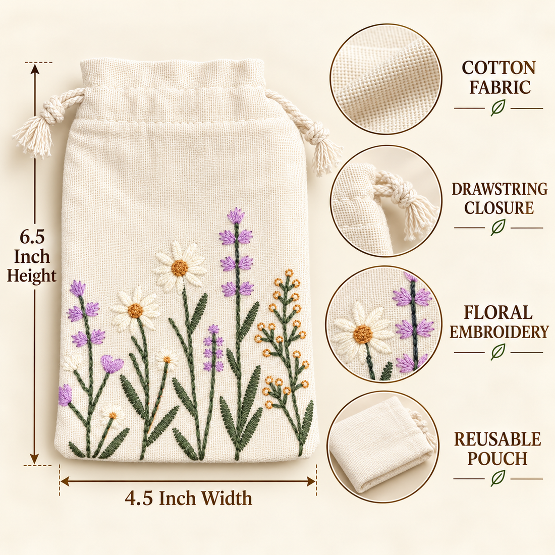 Lavender Meadow Embroidered Cotton Drawstring Pouch