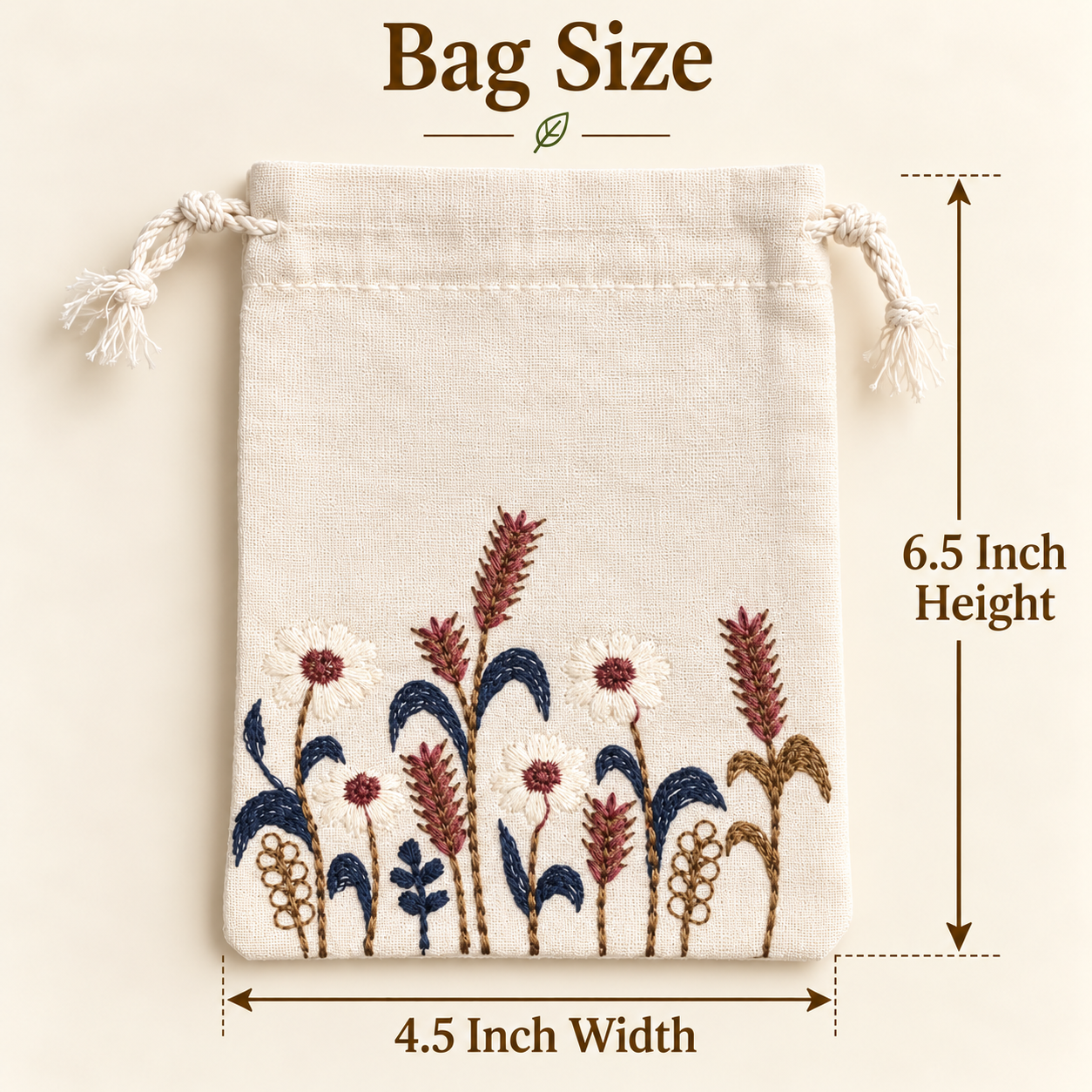 Rustic Harvest Embroidered Cotton Drawstring Pouch