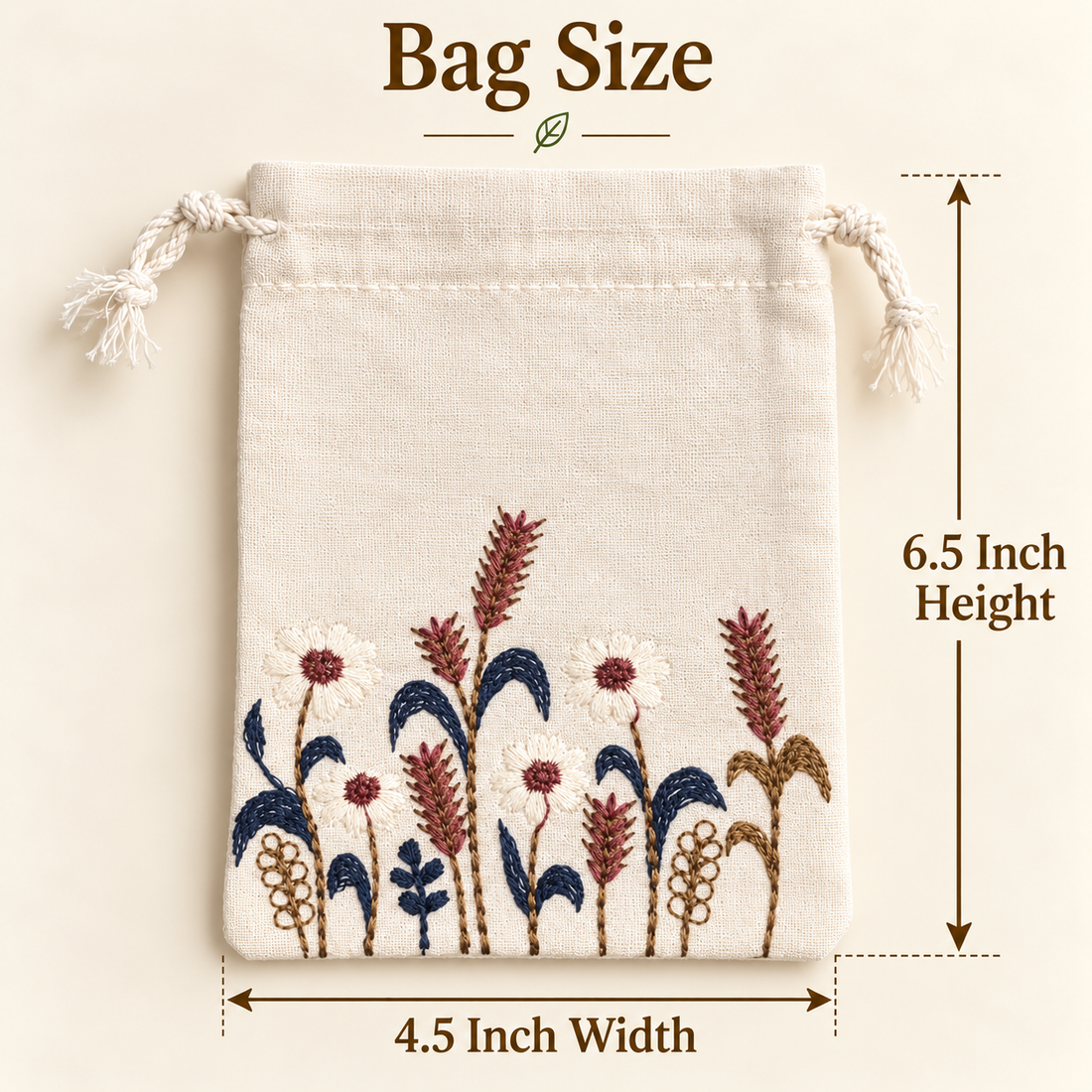 Rustic Harvest Embroidered Cotton Drawstring Pouch