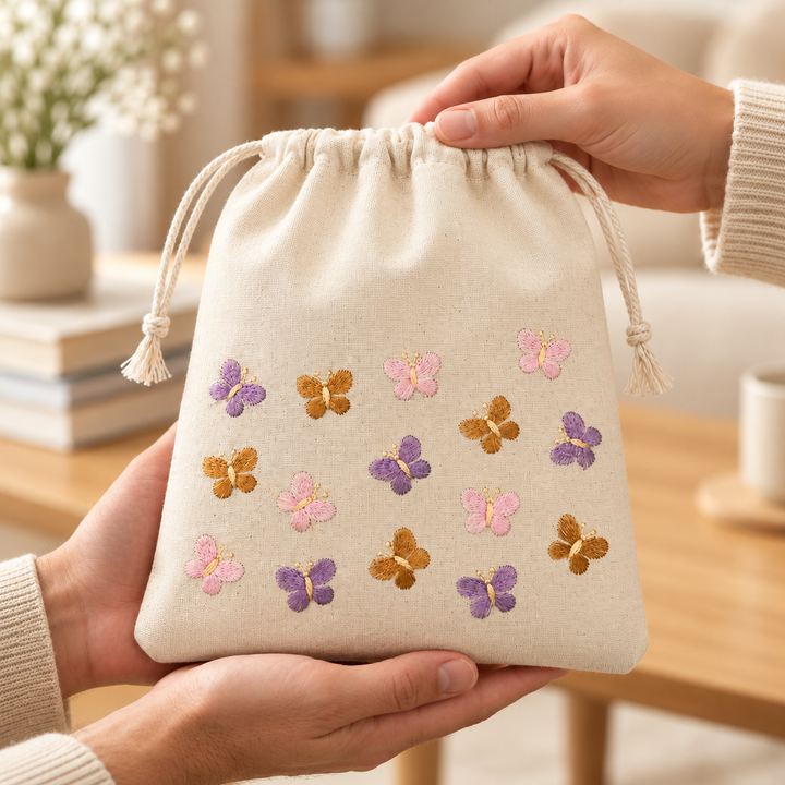 Butterfly Confetti Embroidered Drawstring Bag