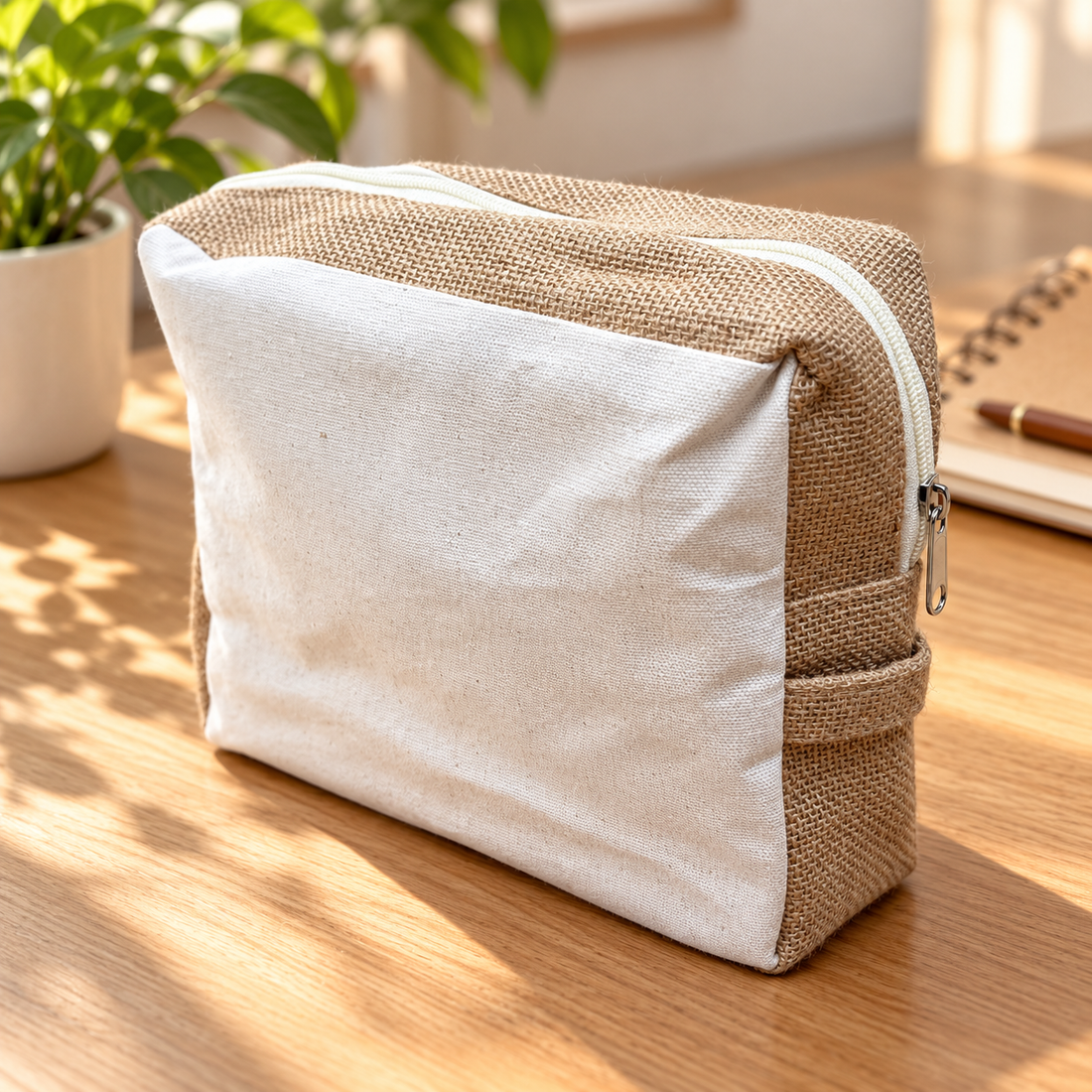 9x8x3 Plain Natural Jute & Canvas Boxy Zipper Pouch