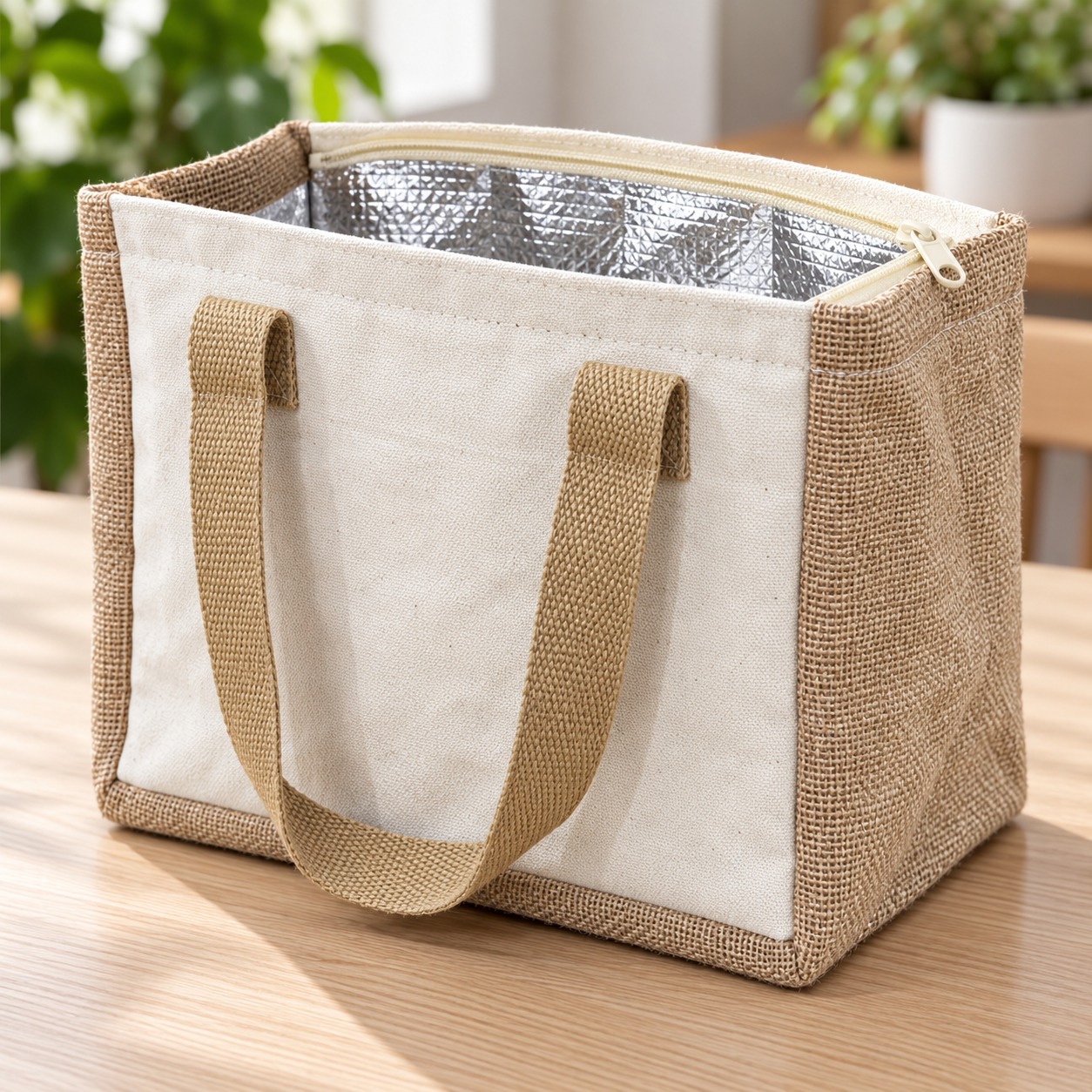 Plain 10x8.5x7 Natural Jute & Canvas Insulated Lunch Bag | 310 GSM