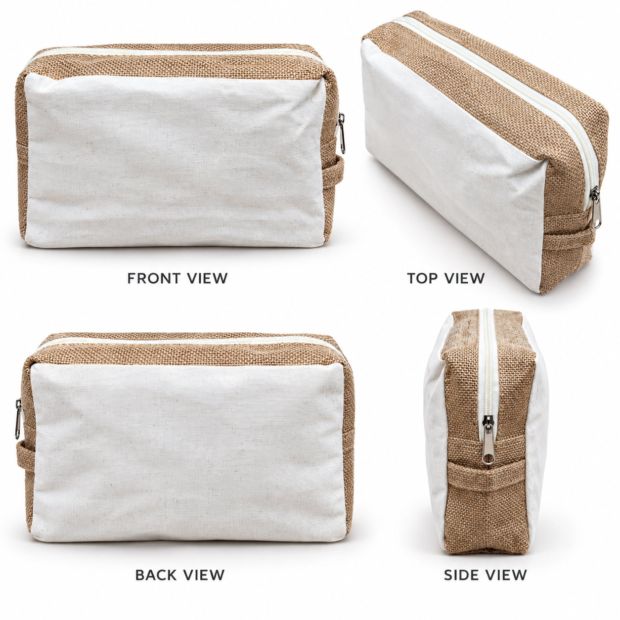 9x8x3 Plain Natural Jute & Canvas Boxy Zipper Pouch