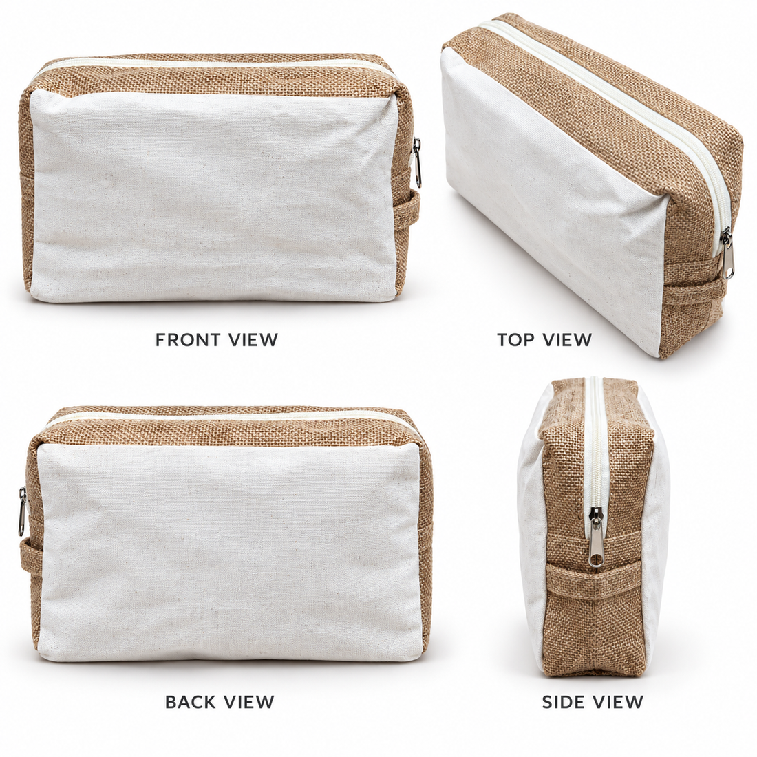 9x8x3 Plain Natural Jute & Canvas Boxy Zipper Pouch