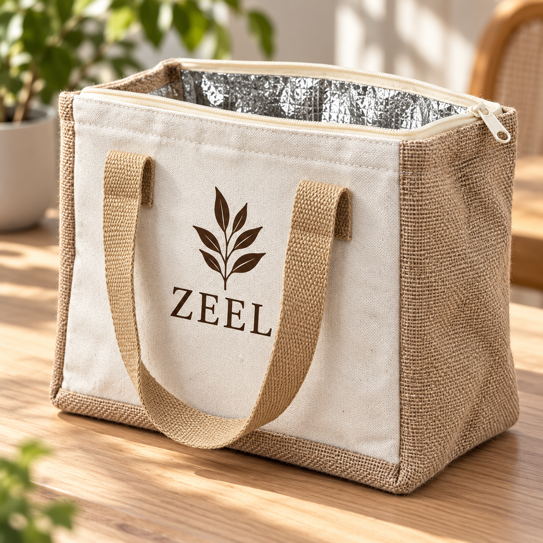 10x8.5x7 Natural Jute & Canvas Insulated Lunch Bag | 310 GSM