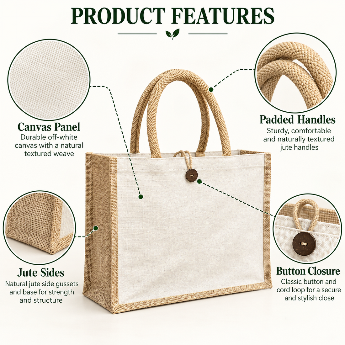 Plain 16x13x6 Natural Laminated Jute & Canvas Hamper Bag with Button Closure