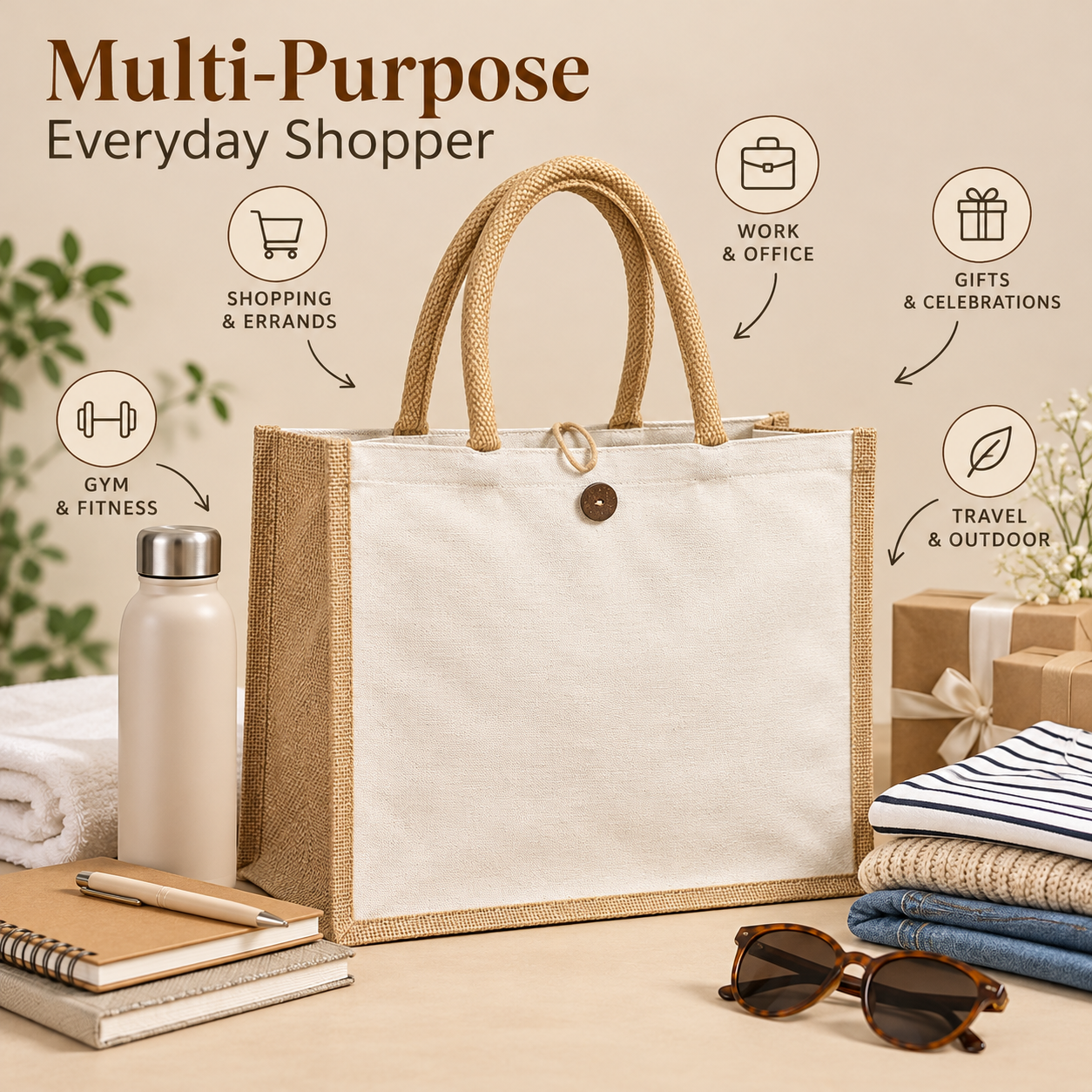 16x13x6 Natural Laminated Jute & Canvas Hamper Bag with Button Closure