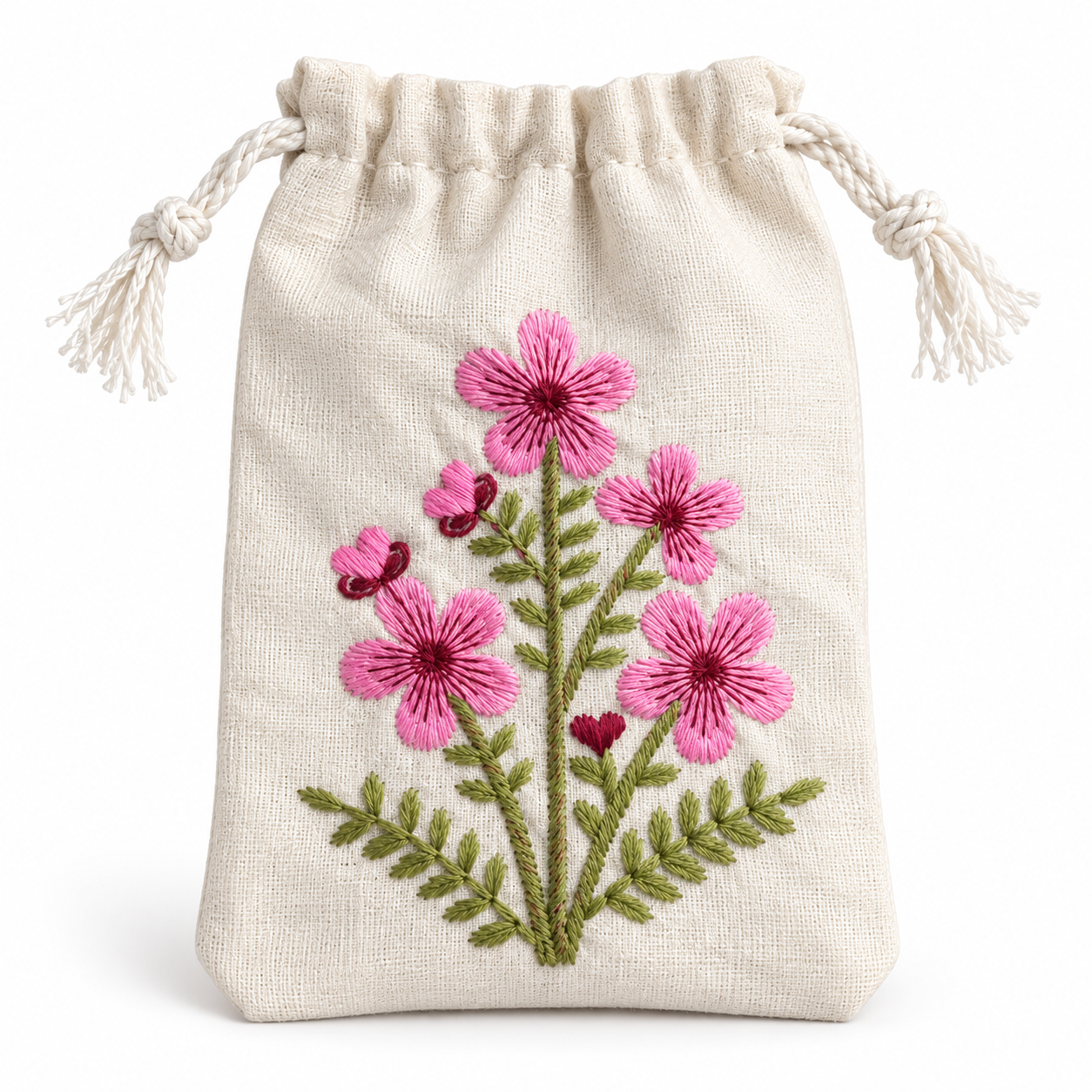 Pink Blossom Embroidered Cotton Drawstring Pouch