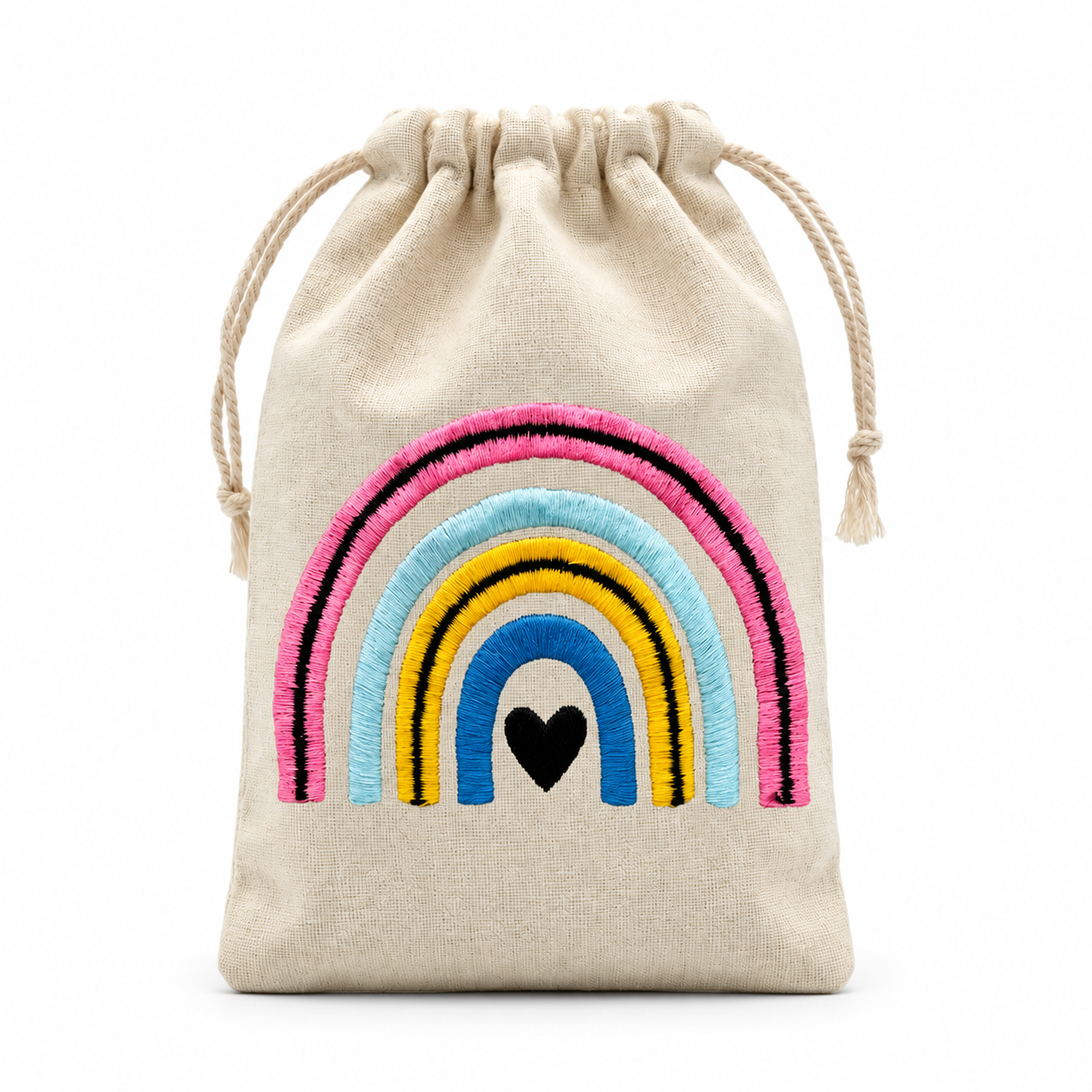 Rainbow Embroidered Cotton Drawstring Pouch