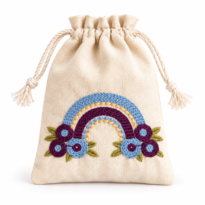 Rainbow Bliss Embroidered Cotton Drawstring Pouch