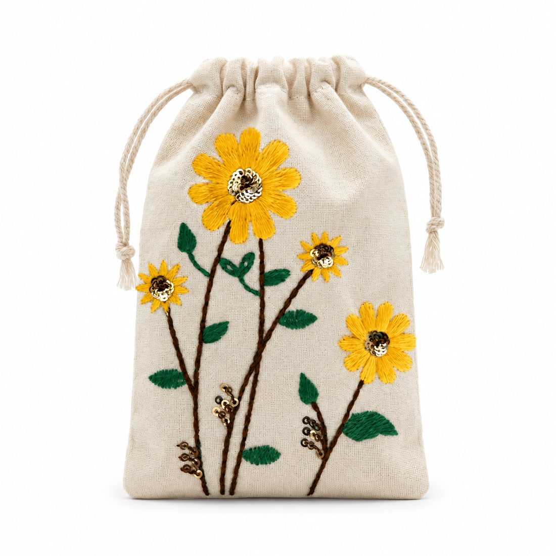 Sunflower Embroidered Cotton Drawstring Pouch