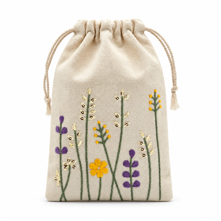 Floral Embroidered Cotton Drawstring Pouch