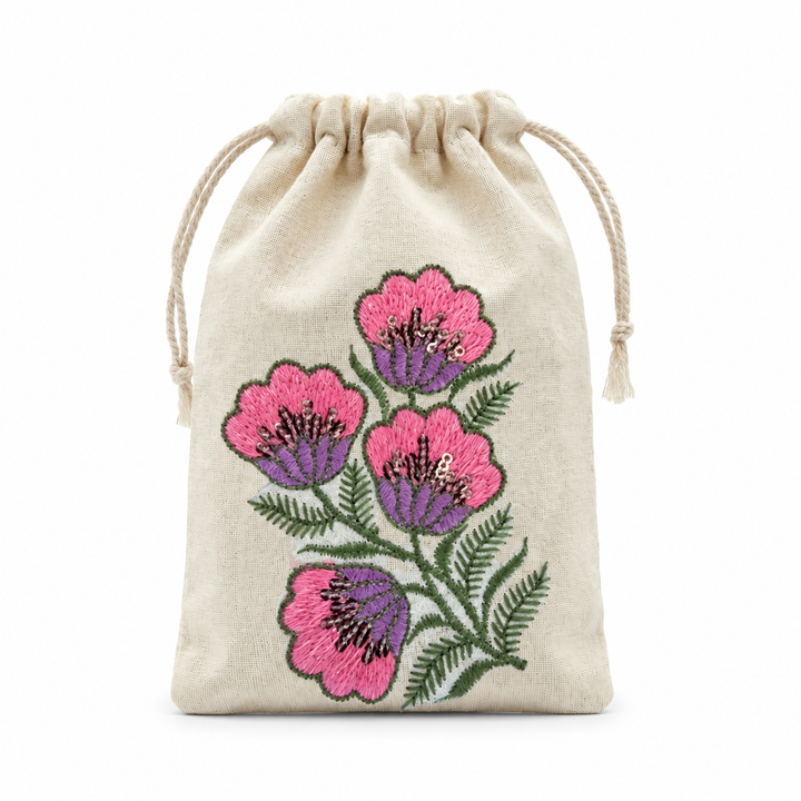 Pink Floral Embroidered Cotton Drawstring Pouch