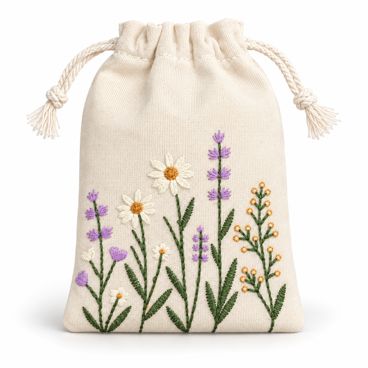 Lavender Meadow Embroidered Cotton Drawstring Pouch