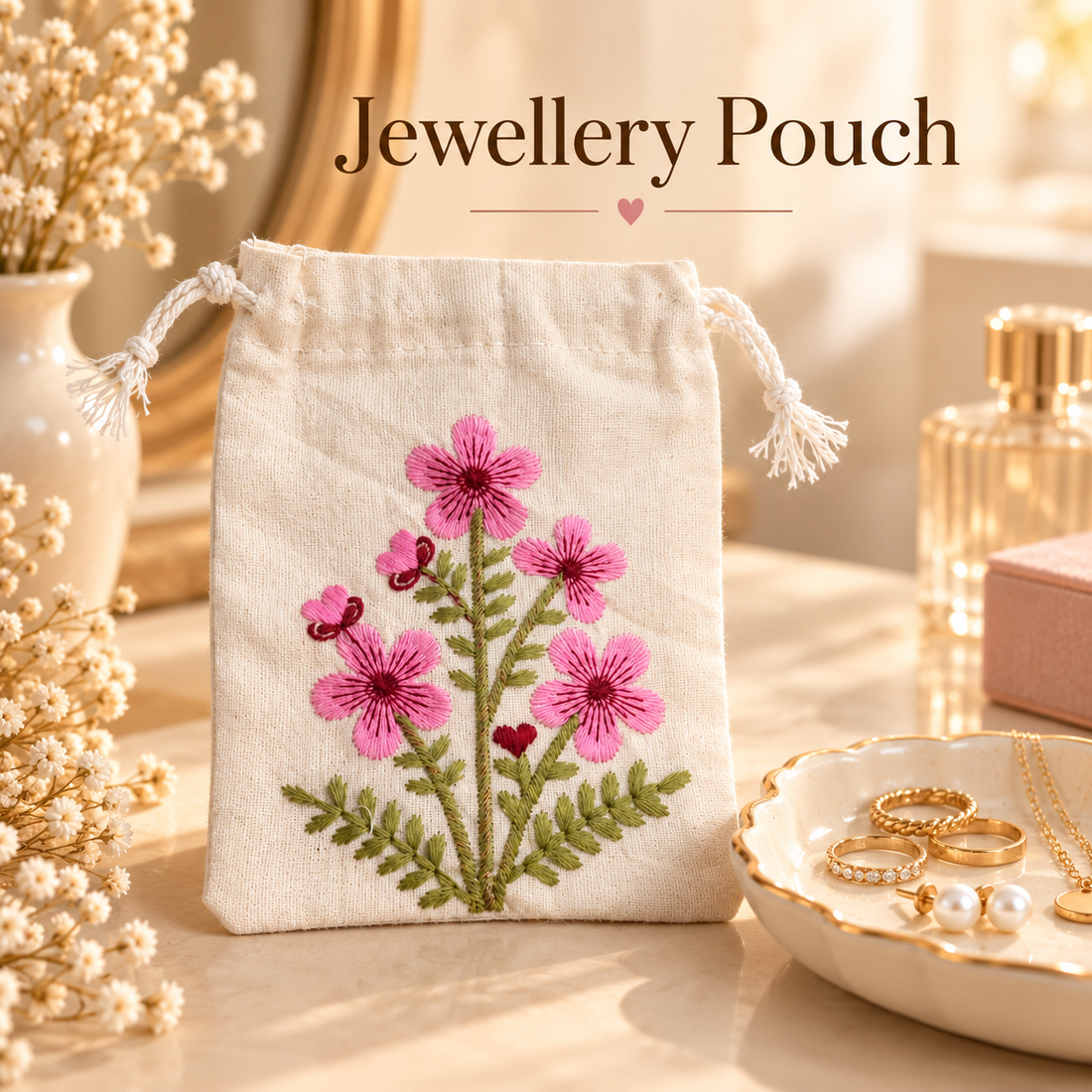 Pink Blossom Embroidered Cotton Drawstring Pouch
