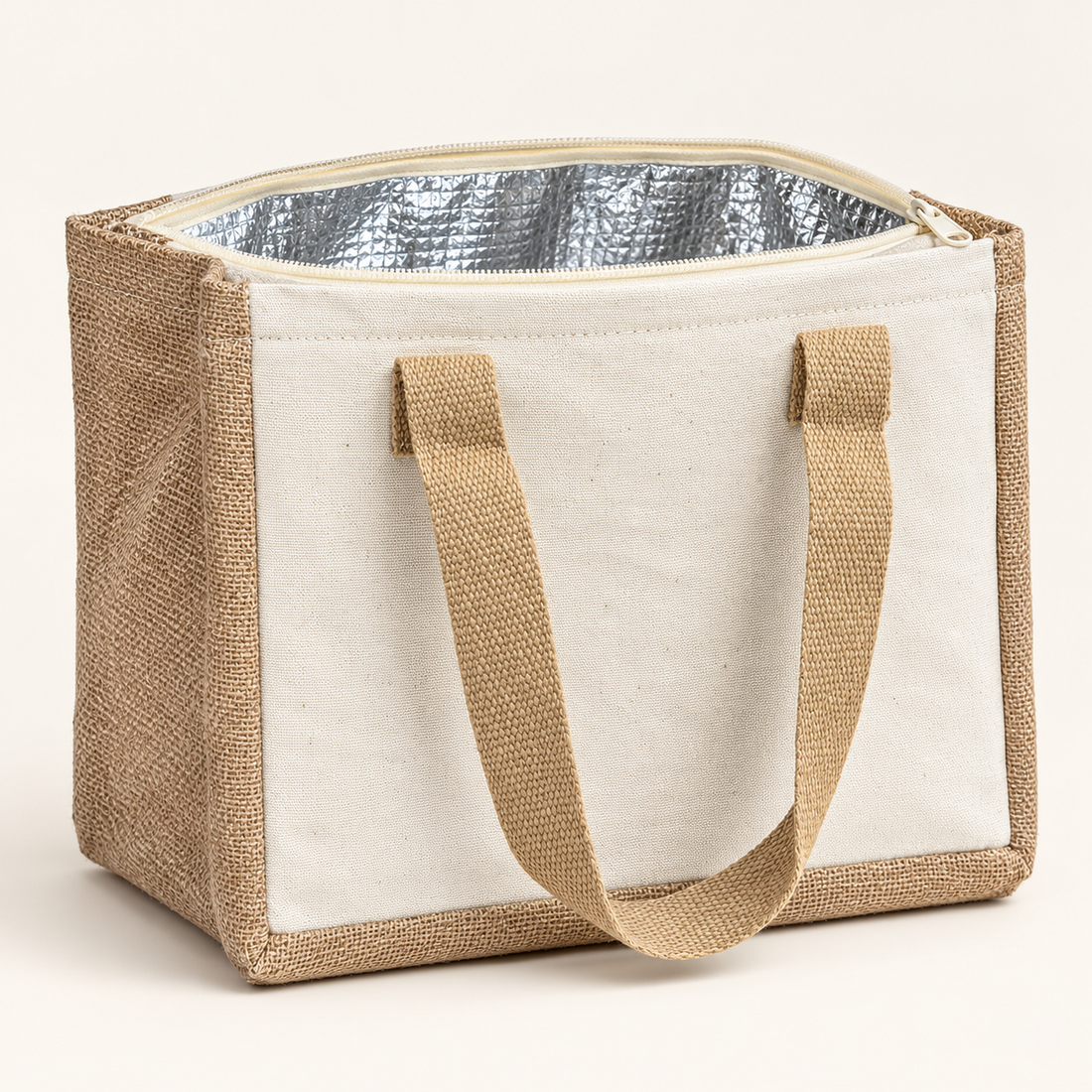 Plain 10x8.5x7 Natural Jute & Canvas Insulated Lunch Bag | 310 GSM
