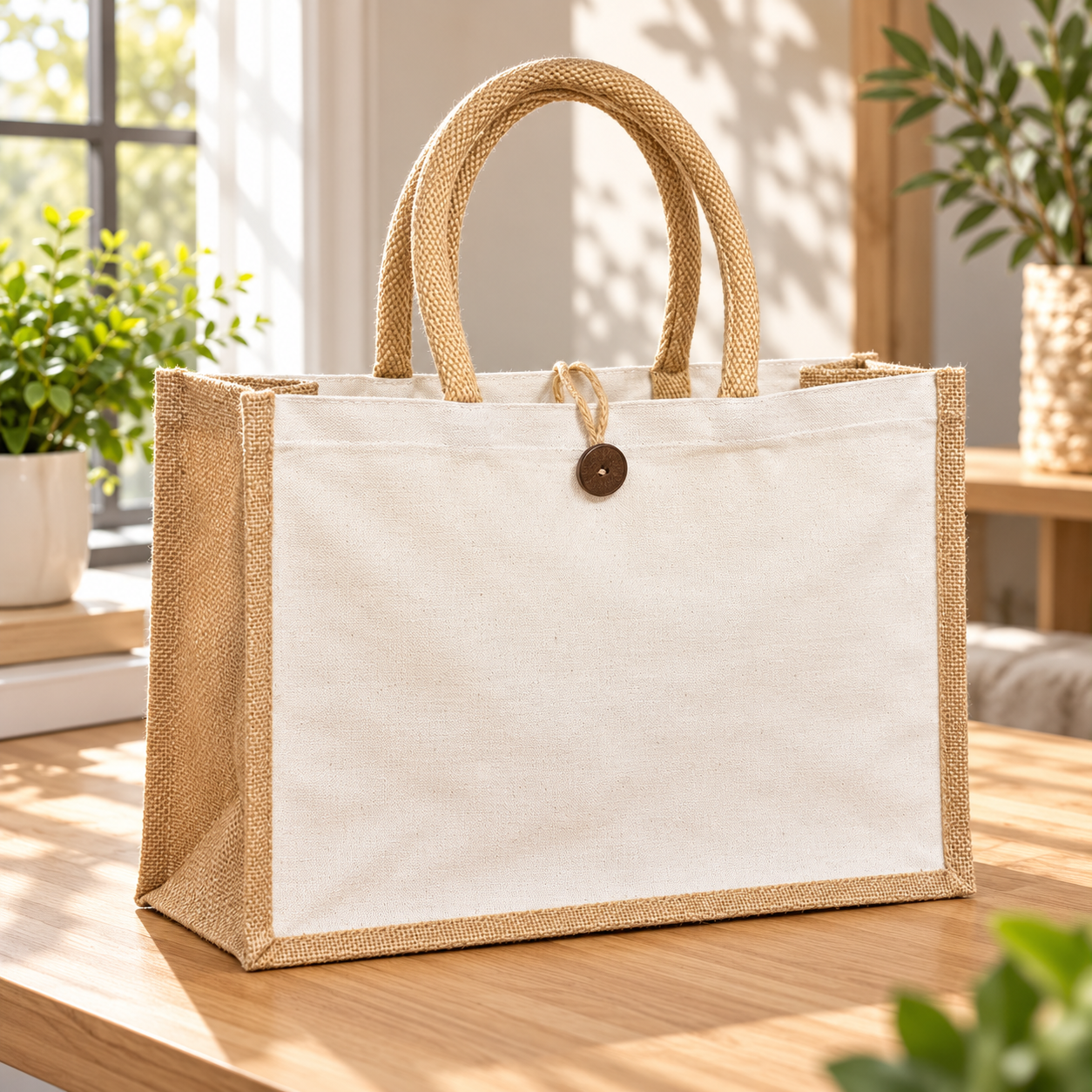 Plain 16x13x6 Natural Laminated Jute & Canvas Hamper Bag with Button Closure
