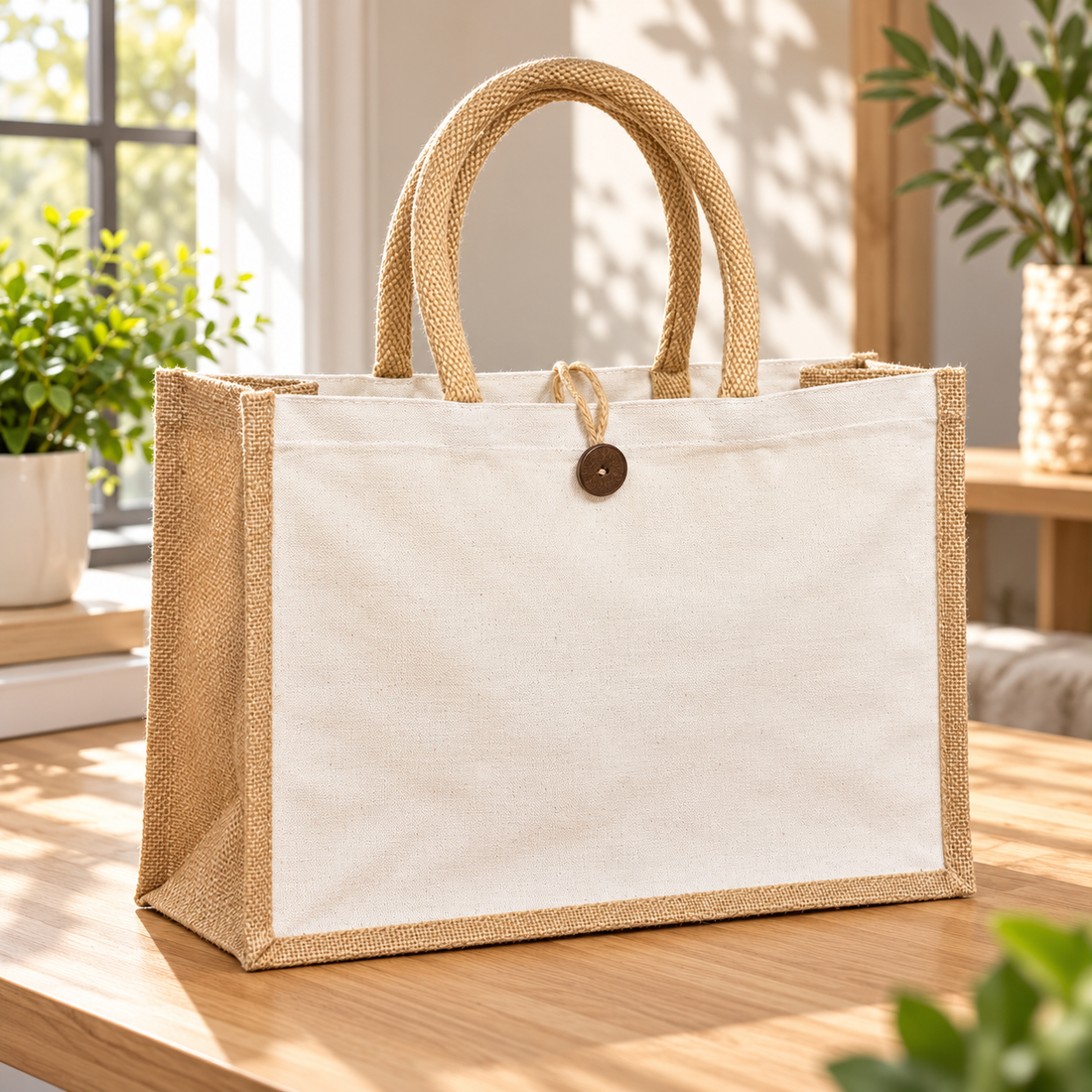 Plain 16x13x6 Natural Laminated Jute & Canvas Hamper Bag with Button Closure