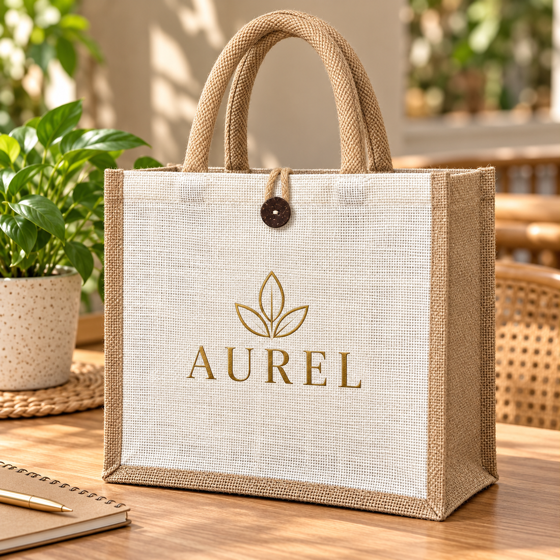 12x12x6 Natural Laminated Jute Gift Bag with Button Closure