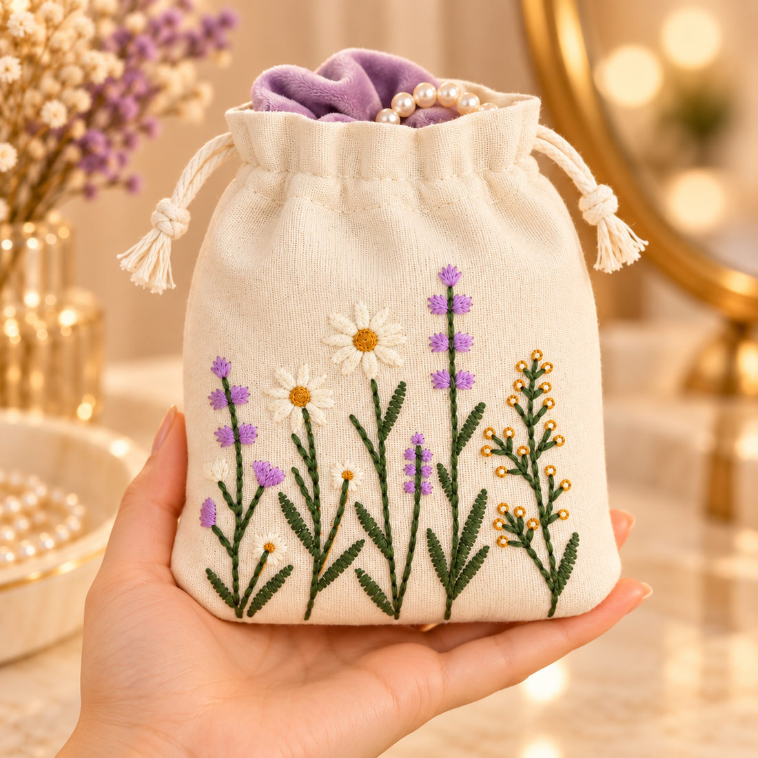 Lavender Meadow Embroidered Cotton Drawstring Pouch