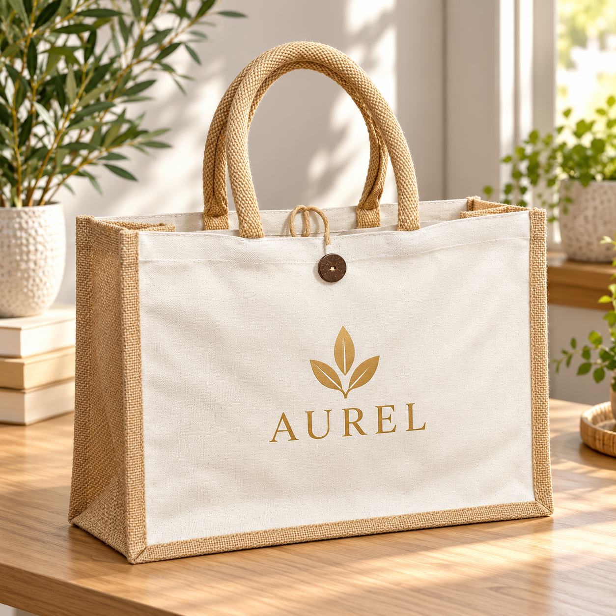 16x13x6 Natural Laminated Jute & Canvas Hamper Bag with Button Closure