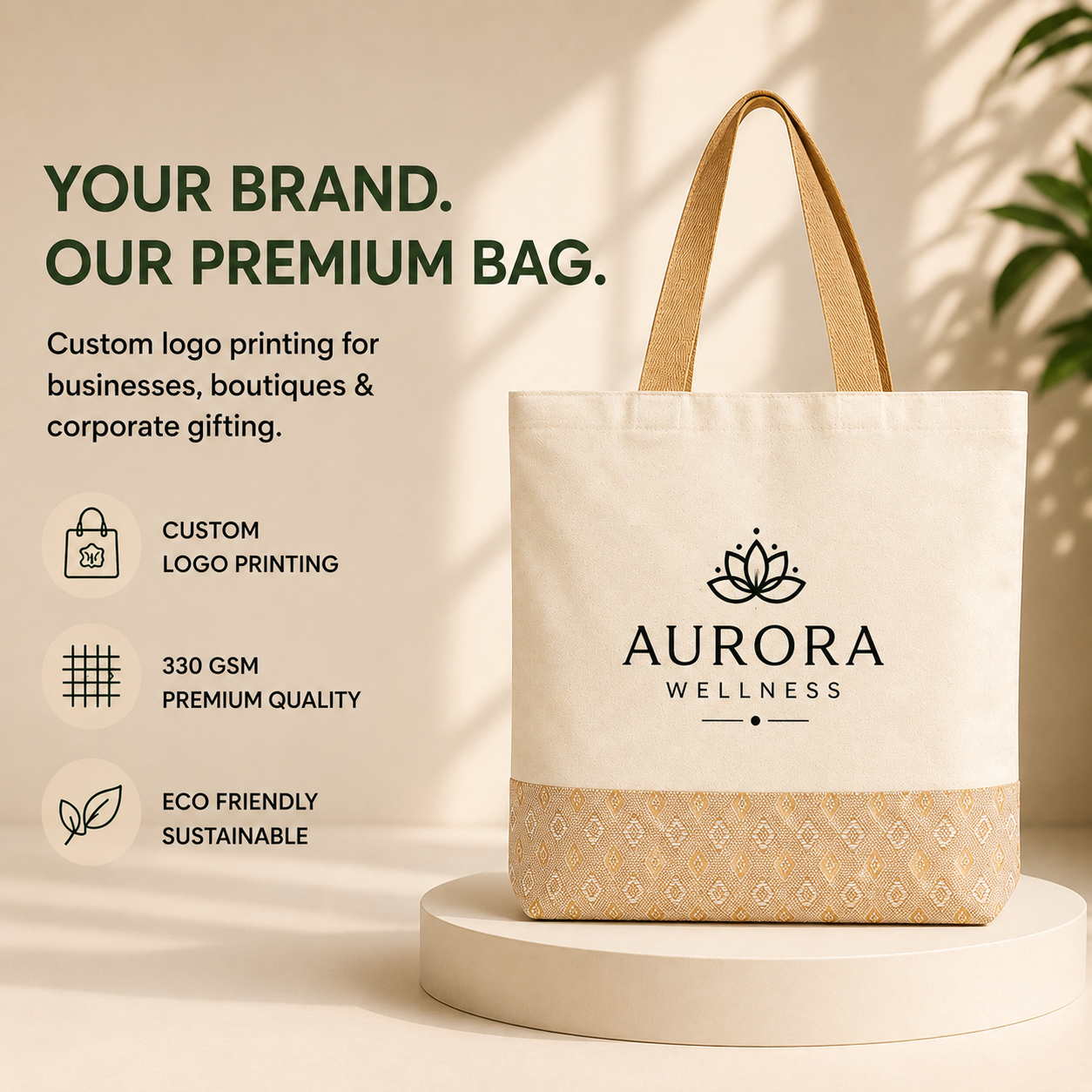 Custom 13×15 Diamond Motif Cotton Canvas Jute Tote Bag | 330 GSM
