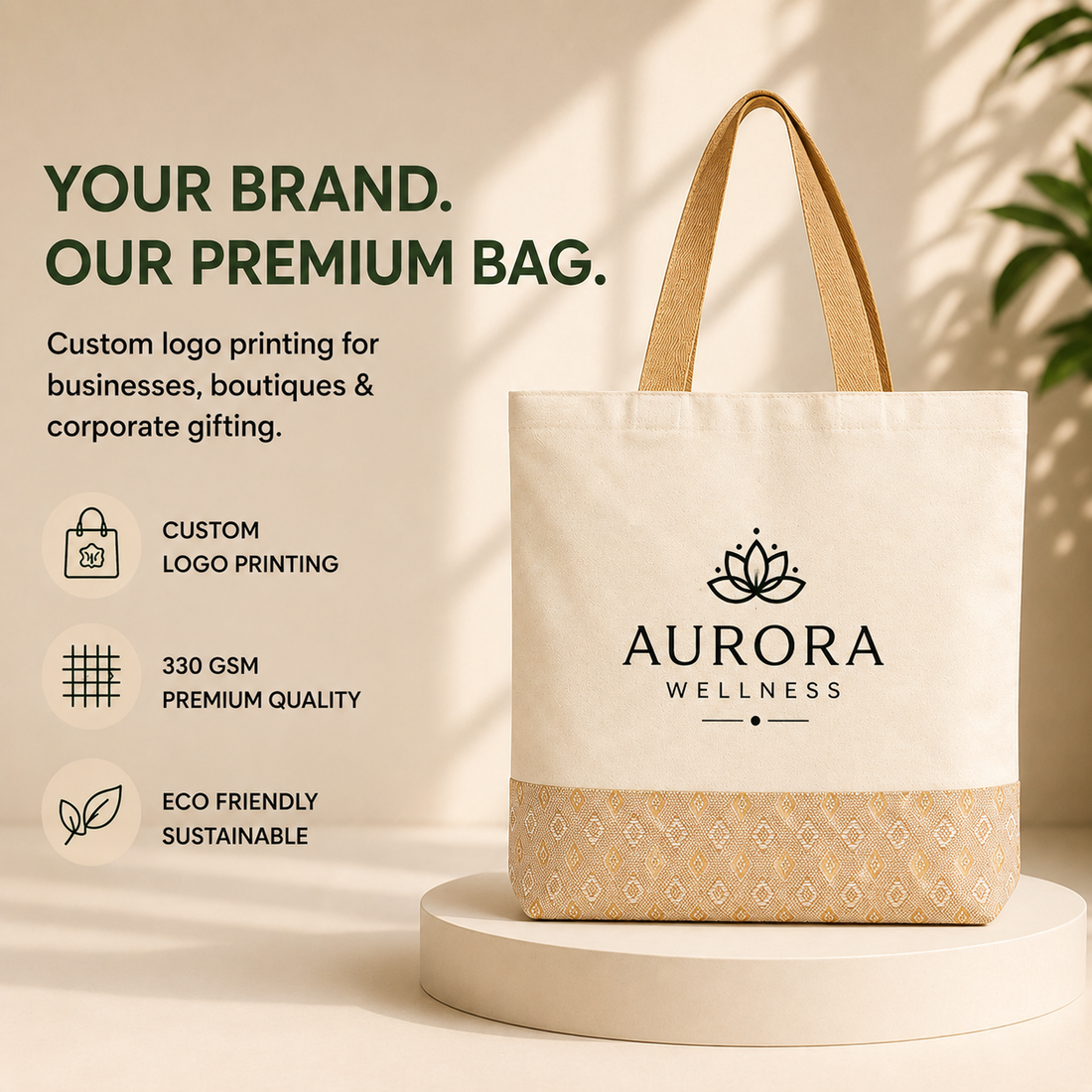Custom 13×15 Diamond Motif Cotton Canvas Jute Tote Bag | 330 GSM