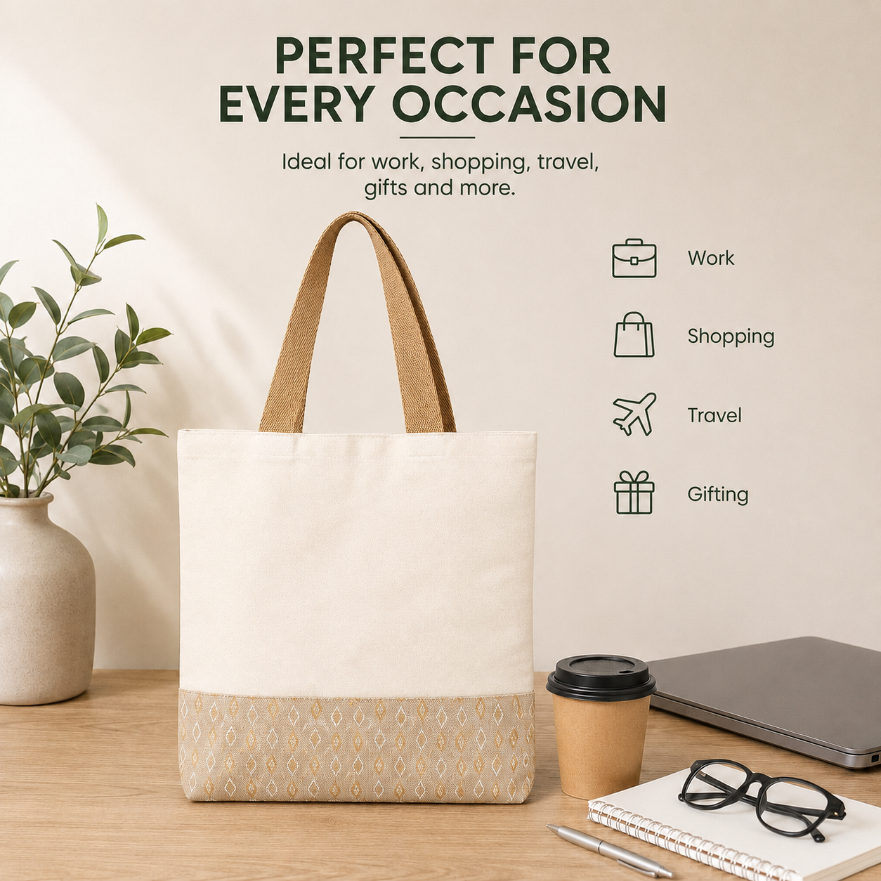 13×15 Diamond Motif Cotton Canvas Jute Tote Bag | 330 GSM